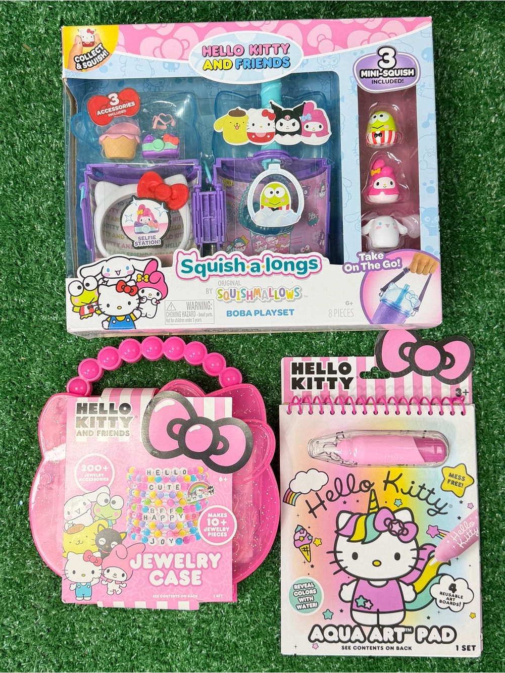 Hello Kitty Squish-a-longs Boba Playset, Jewelry Case & Aqua Art Pad Set